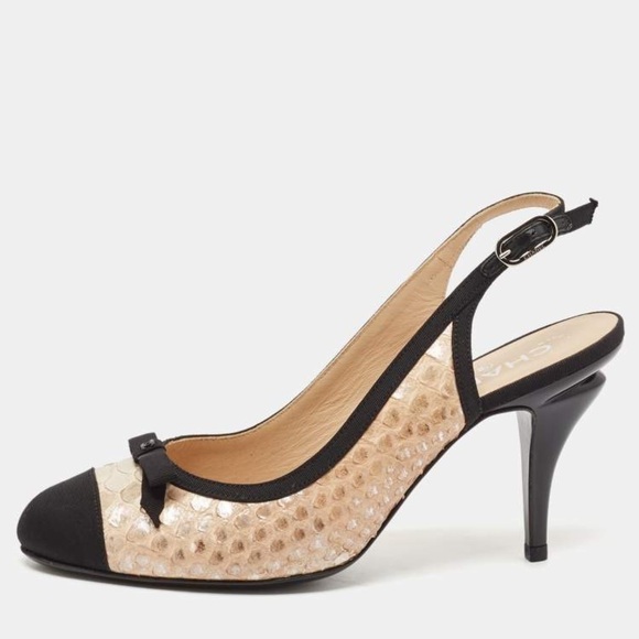 CHANEL Canvas & Python Leather Bow AUTHENTIC Slingback Pumps Black Beige Sz. 36 - Picture 1 of 16